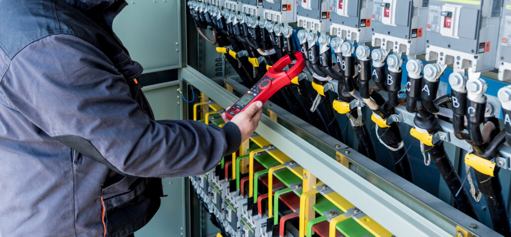 An automated water management control system showing digital flow meters and valve control sensors for industrial water treatment.