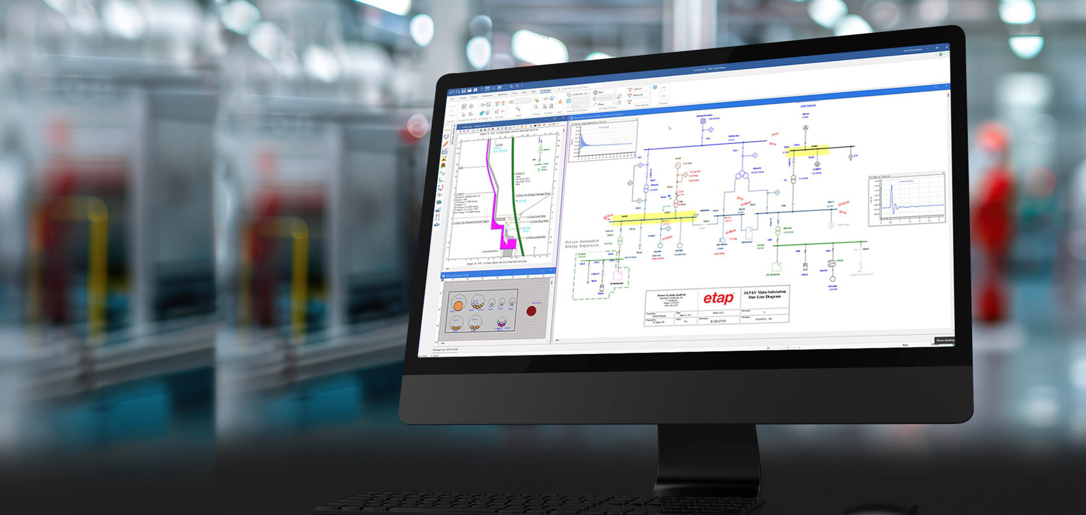 A professional engineering workstation displaying an EPLAN multi-line circuit diagram alongside an ETAP short-circuit analysis report.