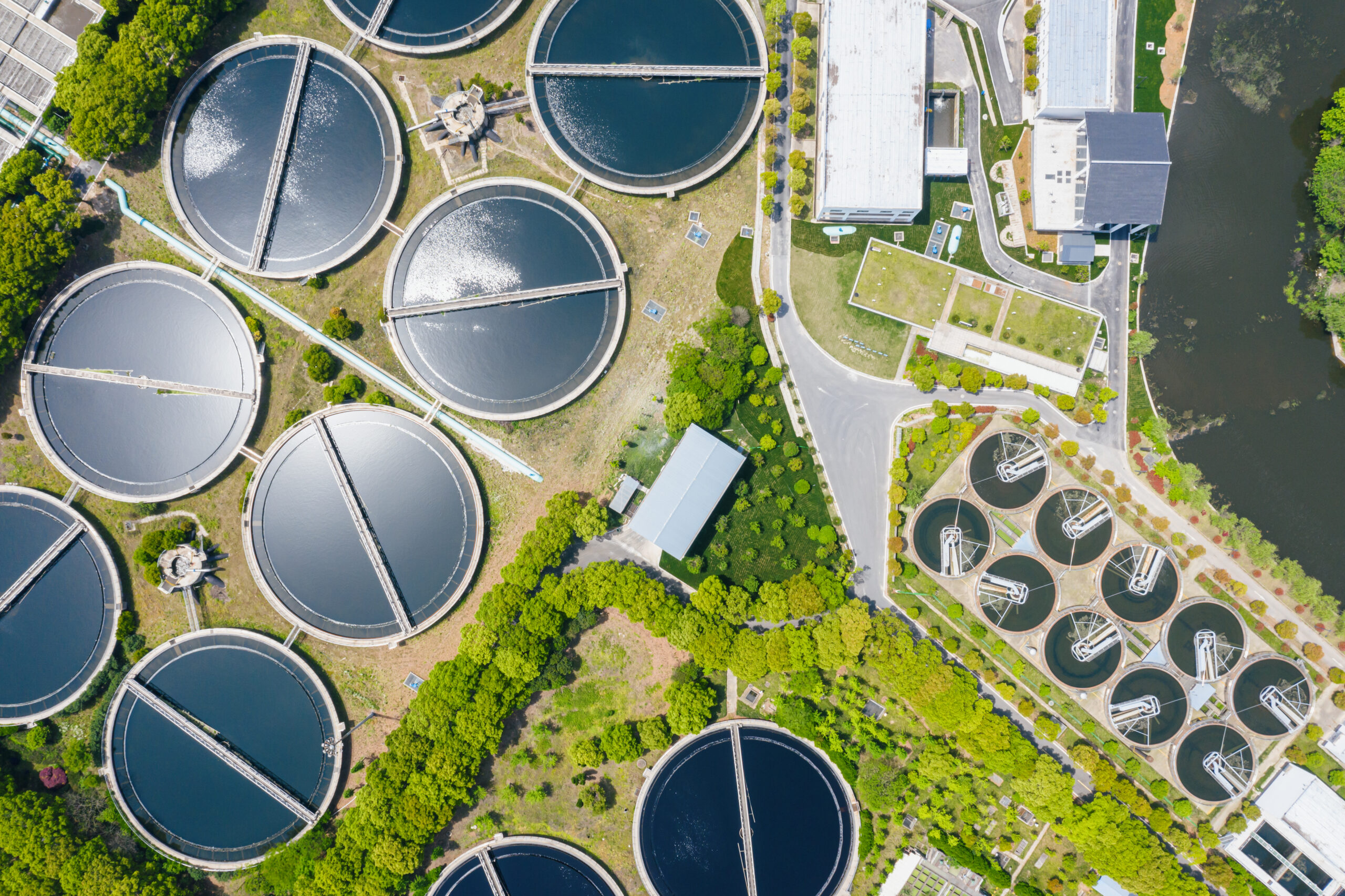 Aeration tanks at a wastewater treatment plant utilizing activated sludge processes and biological nutrient removal (BNR) for industrial effluent.