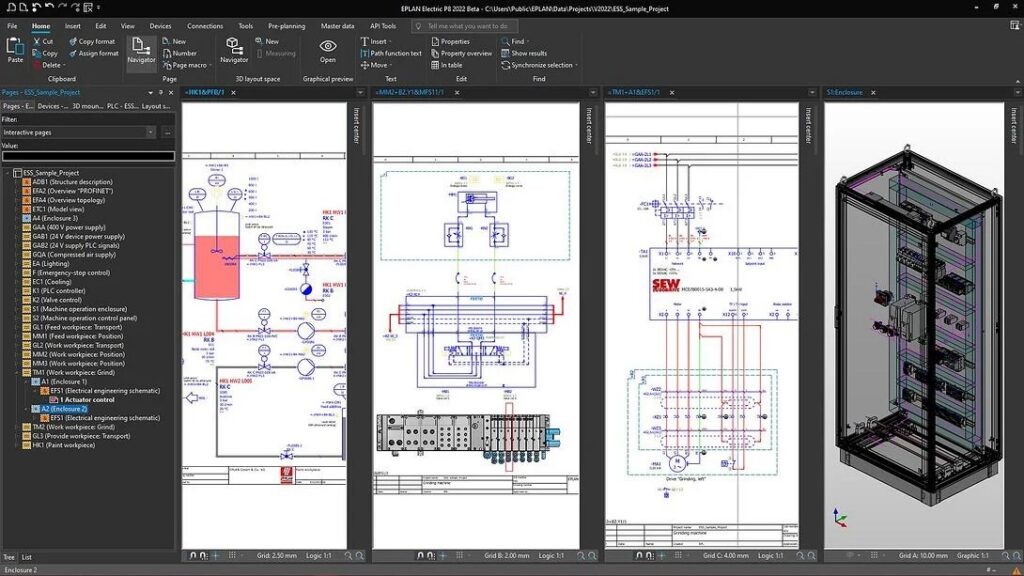 Technical electrical design for a medium-to-low voltage distribution network showing transformer placement, feeder routes, and protection coordination.