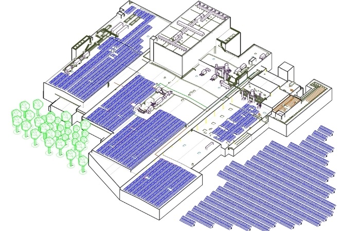 Technical electrical design for a solar power plant featuring string configurations, DC/AC inverter layouts, and grid-tie substation schematics.