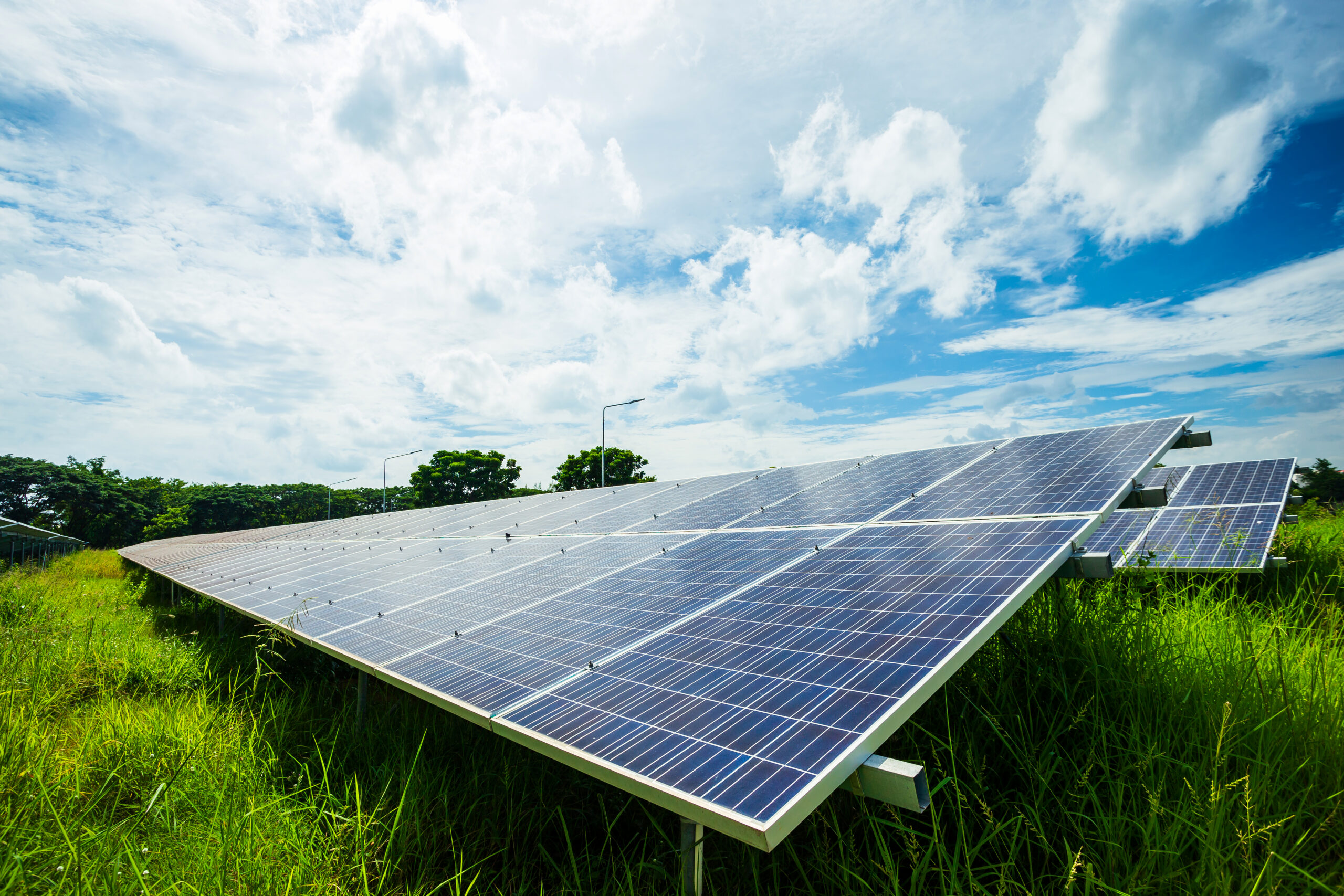 An expansive solar energy plant featuring rows of ground-mounted PV modules and central inverters for large-scale grid electricity production.