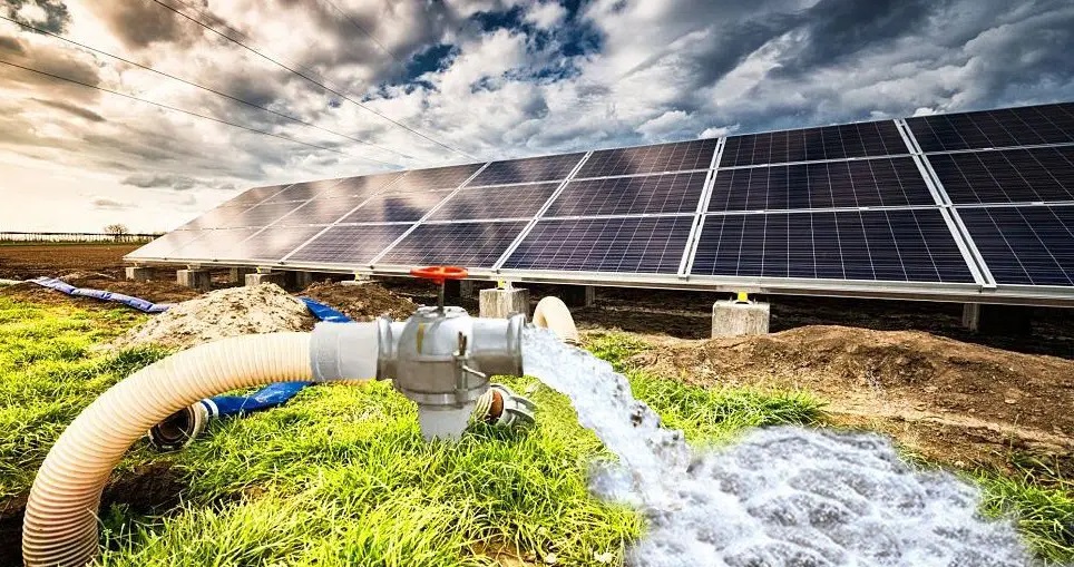 An off-grid solar water pumping system featuring a photovoltaic array connected to a submersible pump controller for agricultural irrigation.