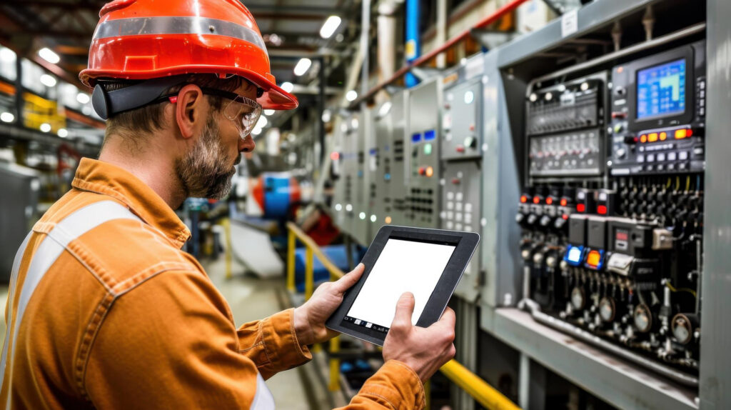A series of industrial network switches and gateways connecting PLC units to a central SCADA server in a secure data cabinet.